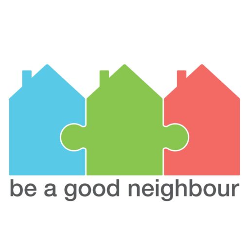 Be A Good Neighbour logo featuring a blue, green and red house drawing linked like puzzle pieces 